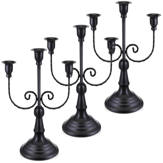 Dandat 3 Pcs 3 Arm Metal Candelabra Candlestick Holders Tall Candlestick Holders Gothic Candle Holder for Home Wedding Church Christmas Party(Retro,11.8 Inch,Black)