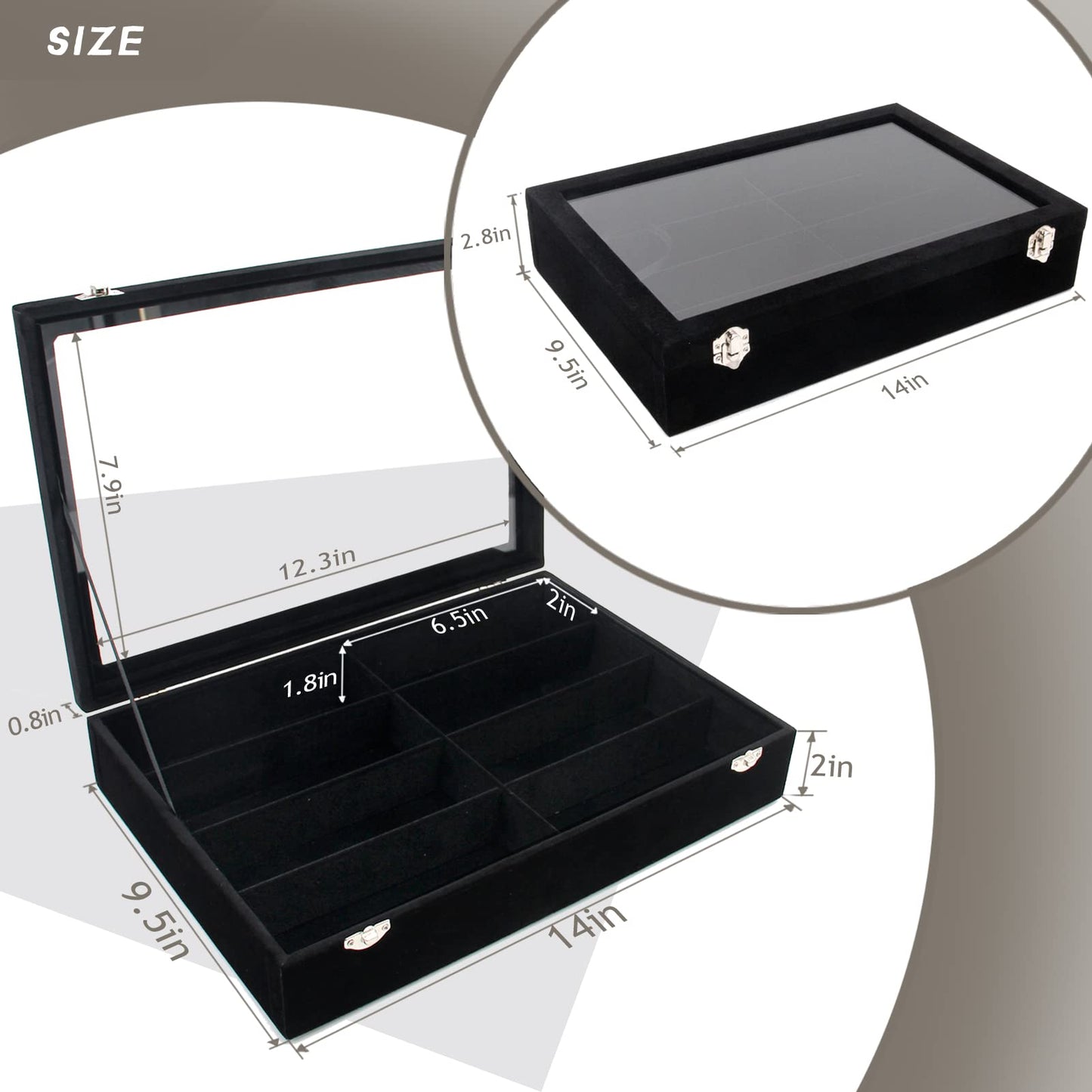 KLOUD City Luxury Sunglasses Organizer - 8 Slot Velvet Jewelry Storage Case with Clear Glass Lid | Dustproof, Scratch-Resistant Display for Glasses & Watches | Elegant Gift Box (14"x9.5")