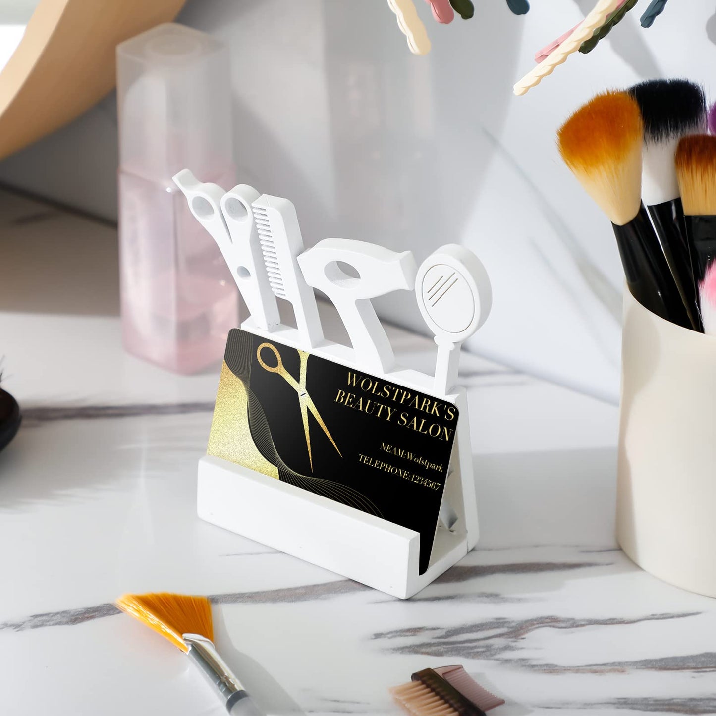 Lincia 2 Pcs Hair Stylist Business Card Holder Wooden Display Business Card Stand for Desk White Salon Gift for Beautician Hair Dresser Office Reception Tabletop Counter