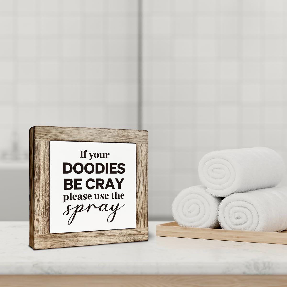 Funny Bathroom Decor, Rustic Shelf Decoration, Farmhouse Home Decor for Restroom, Decorative Wooden Table Sign, If Your Doodies Be Cray Please Use the Spray Sign 5.9×5.9 inches