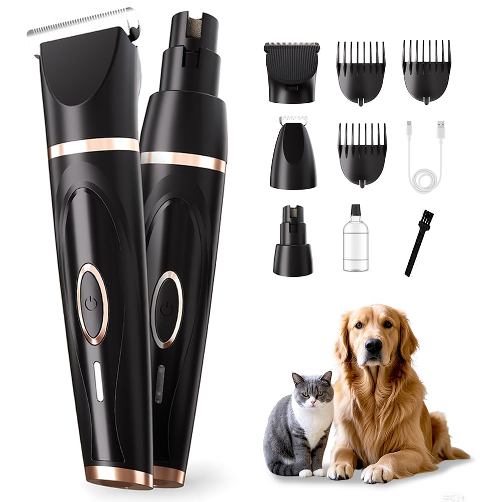 Liuqo Dog Clippers Grooming Kit with Paw Trimmer, 3 in 1 Low Noise Electric Rechargeable Cordless Pet Shaver with Nail Grinder Dog Hair Trimmer for Dogs Cats and Other Pets