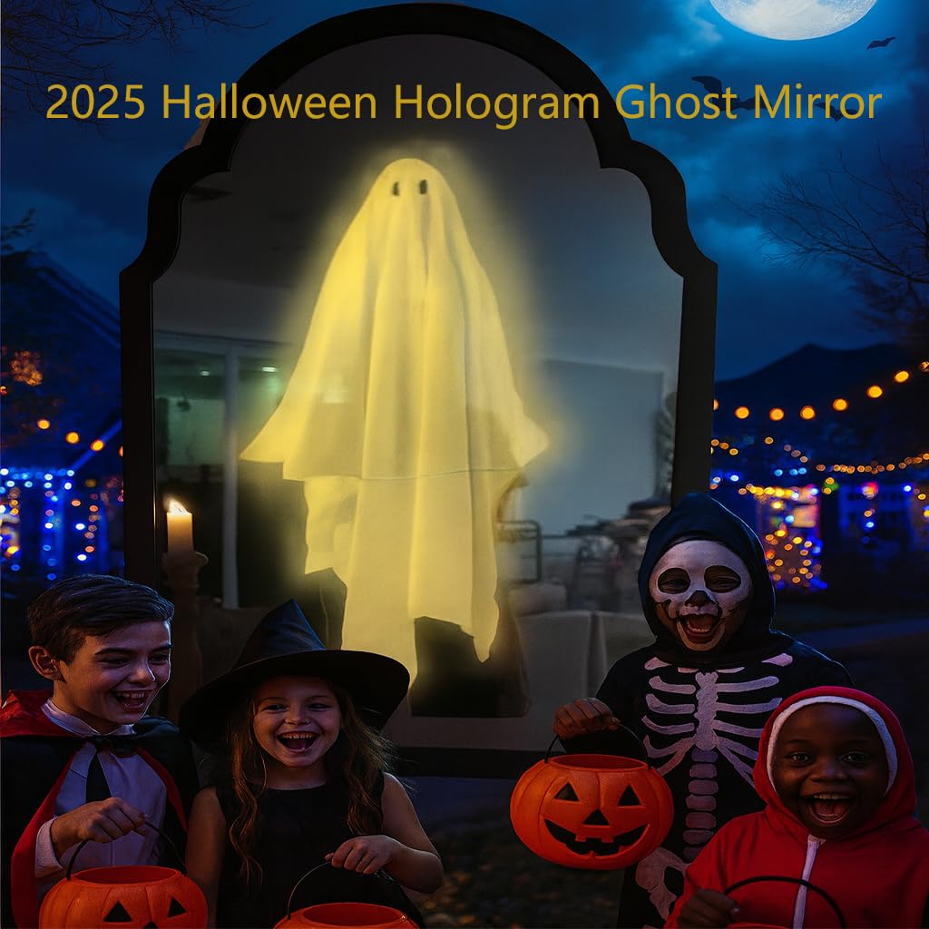 KYWYOYOU 2025 Novelty Ghost Mirror with LED Lights – Scary Holographic Mirror with Haunted Ghost Figure, Halloween Indoor Decoration for Bedroom, Bathroom, Fireplace, DIY Wall Decor (Style A-Small)