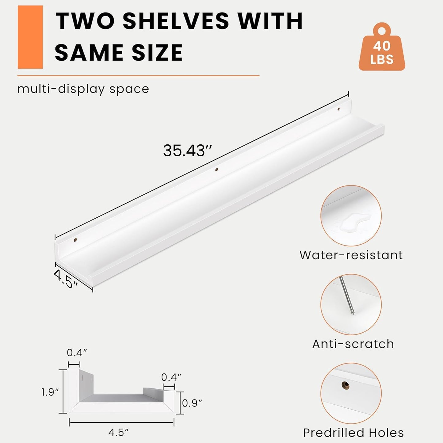 Heimlove Picture Ledge Shelf, Floating Shelves Set of 2, 36 Inches Picture Shelf for Wall with Ledge, Kids Bookshelf Wall Mounted for Living Room Bedroom Decor Books Photo Frames - White