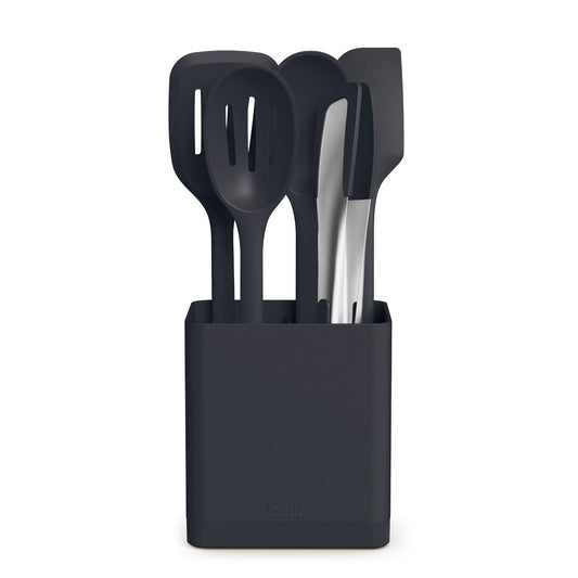 bella 6-Piece Modular Tool Set, Silicone, Turner, Spoon, Slotted Spoon, Spatula, Tongs, Crock with removable divider, Non-toxic*, Food-grade, Heat safe to 425°F, Dishwasher Safe, Oatmilk