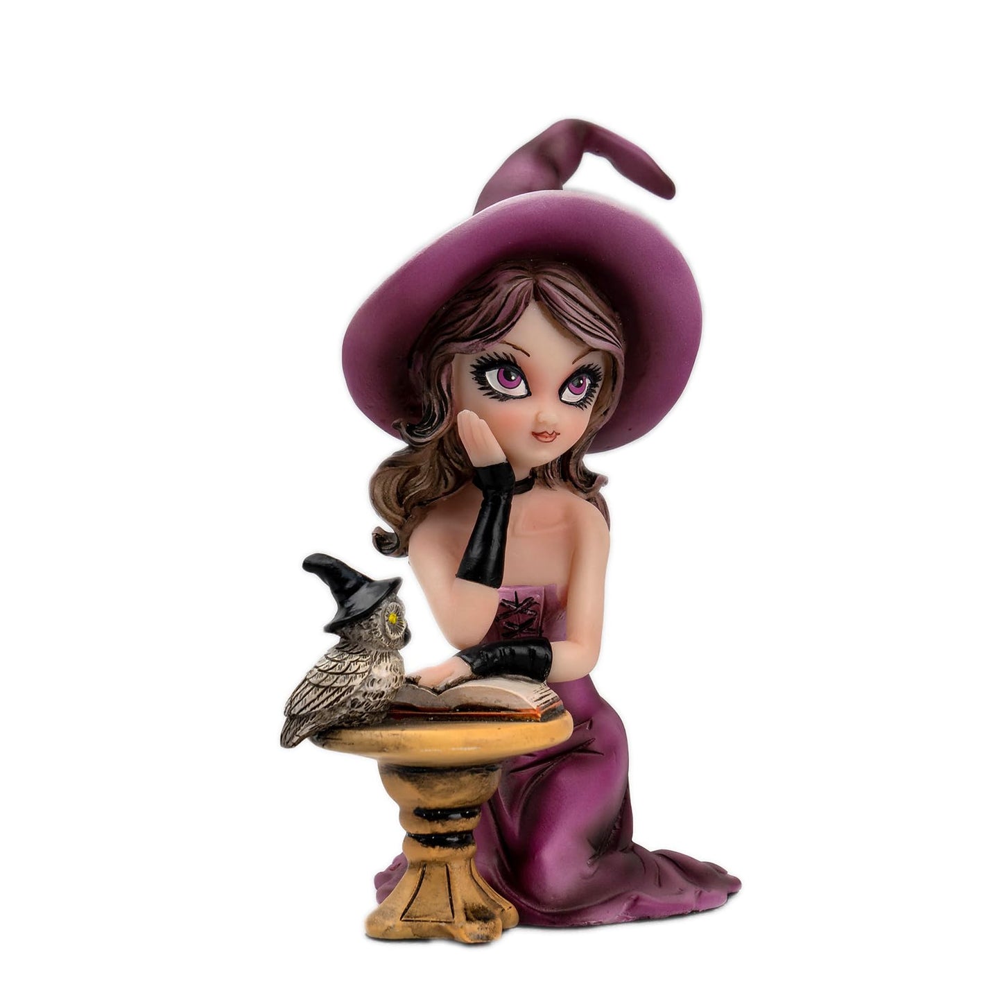 Mystical Purple Witch Resin Statue with Owl & Spell Book - Halloween Witchcraft Decor, Whimsical Gothic Home Accent, Fantasy Collectible Figurine for Desk, Shelf & Office, Unique Wiccan Altar Decor