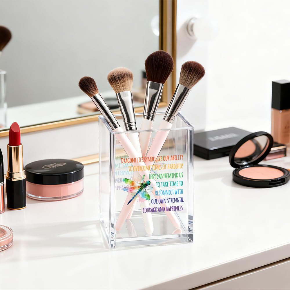 Gkodw Dragonflies Symbolize Our Ability Acrylic Pen Holder Cosmetic Organizer, Funny Dragonfly Pen Pencil Holders for Desk, Desk Accessories Office Gifts for Dragonfly Lover Teacher Coworker Daughter