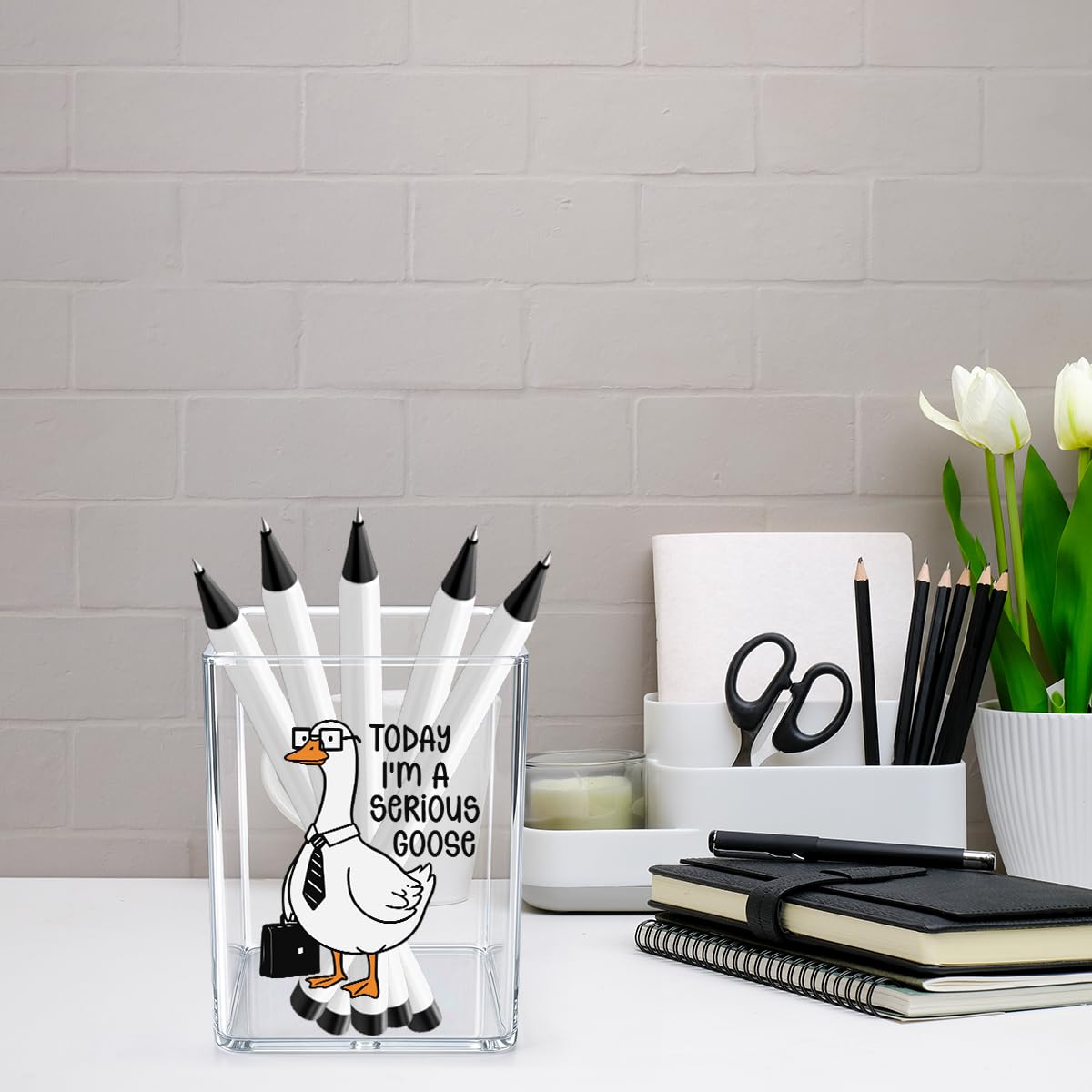 Funny Today I'm A Serious Goose Office Quotes Desk Pencil Holder Appreciation Administrative Professional Day Gifts for Women Men Manager Coworker Acrylic Pen Holder Pencil Pen Cup
