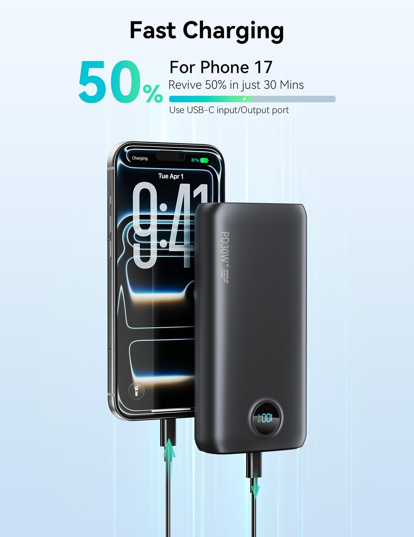 Portable Charger, 30000mAh Power Bank 30W USB C Fast Charging, Travel Essentials Battery Pack with 3W Flashlight & LED Display, External Battery for iPhone 17/16/15, Galaxy S25, LG, Tablets, Black