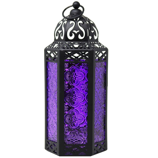 VELA LANTERNS 10.5" Purple Gothic Moroccan Candle Lantern Decorative Candle Holder Lamp for Table or Hanging, Ramadan Decorations, Indoor Home Room Halloween Decor, Outdoor Patio or Porch, Medium