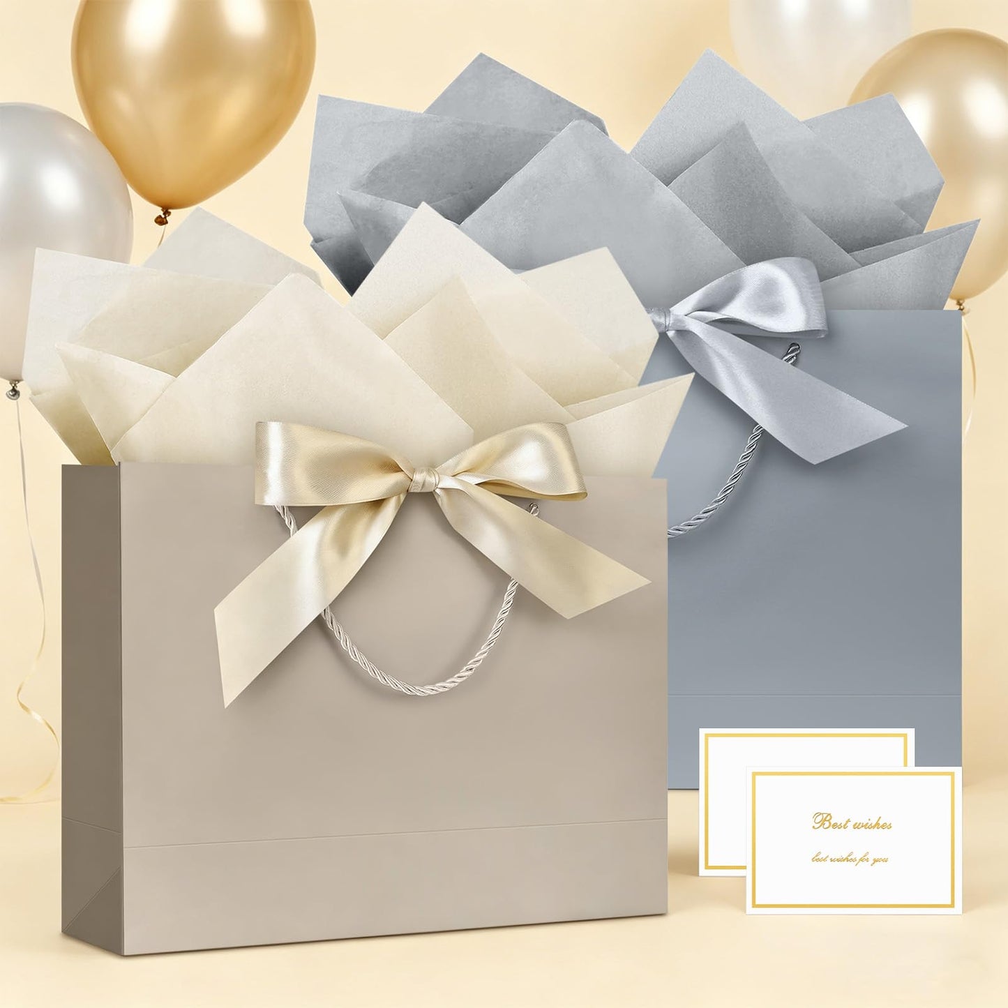 JMANNI Gift Bags with Handles, 13” Medium Gift Bag for Presents, 1 Pcs Bags with 2 Tissue Paper and 1 Cards for Baby Shower Wedding Bridal Shower Mother's Day Birthday Party（champagne gold）