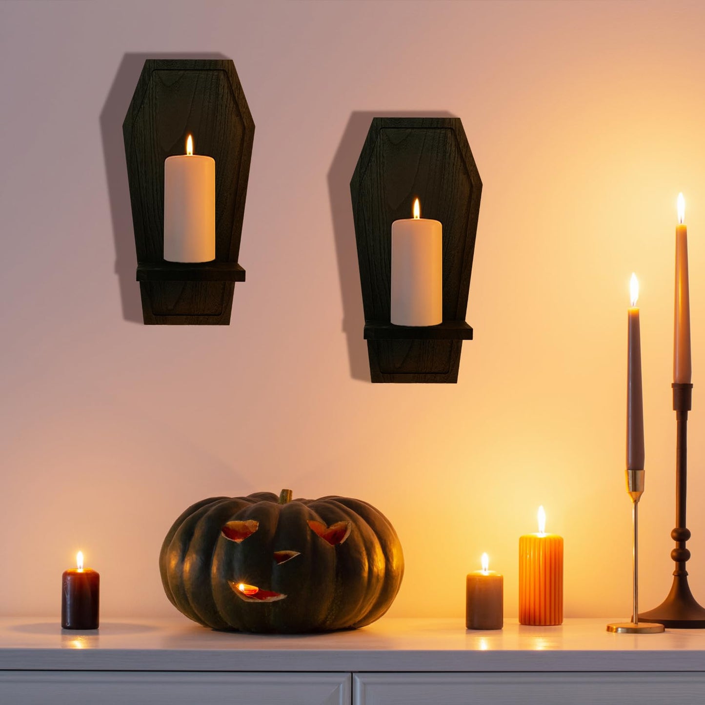 LemonRoad Set of 2 Gothic Wall Sconce Candle Holder Halloween Coffin Goth Decor Wall Mount Shelf Wooden Black Decorations for Bedroom Living Room Bathroom Home Dining Room Office Spooky Gifts