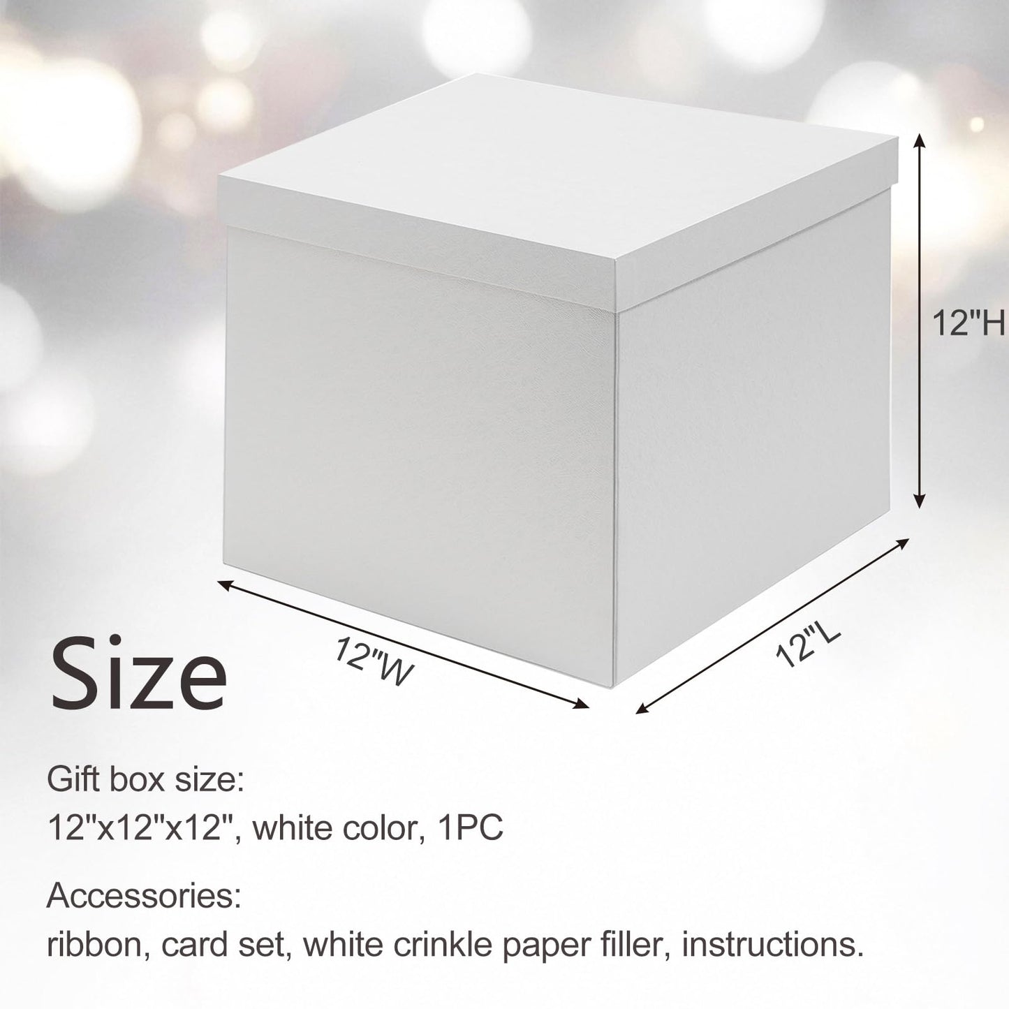 Mefleet Large Gift Box with Lid for Presents 12x12x12 Inches Extra Big Deep Square White Boxes 1 Pack for Christmas, Birthday, Valentine's Day, Mother's Day - Contains Crinkle Paper, Ribbon and Card