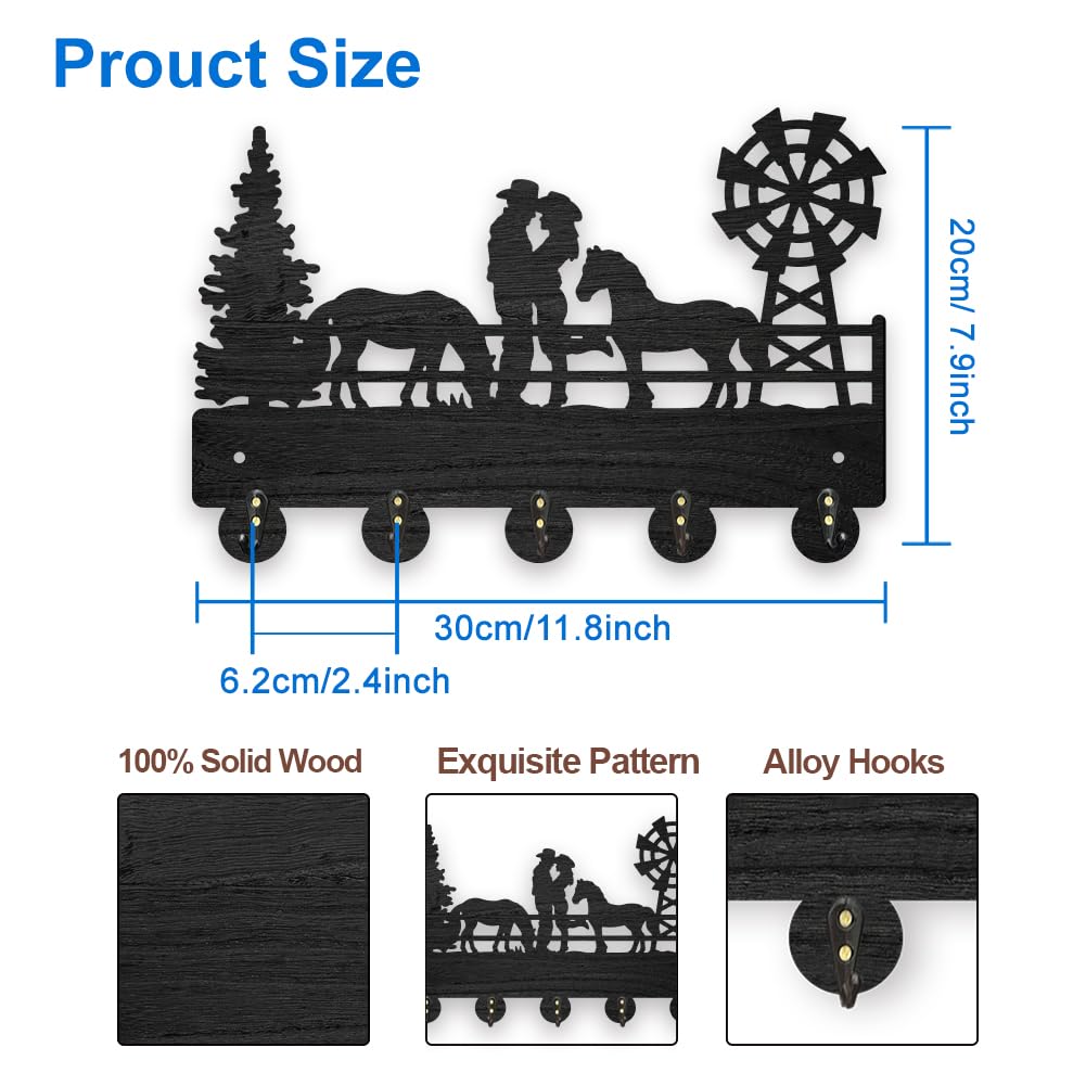 MAYJOYDIY Wood Cowboy Horse Farm Coat Hooks Farmhouse Cowgirl Windmill Key Holder 11.87.9inch Wall Art Decor Gift Black Wall Key Rack Organizer 5 Alloy Hooks for Bedroom Kitchen Entryway