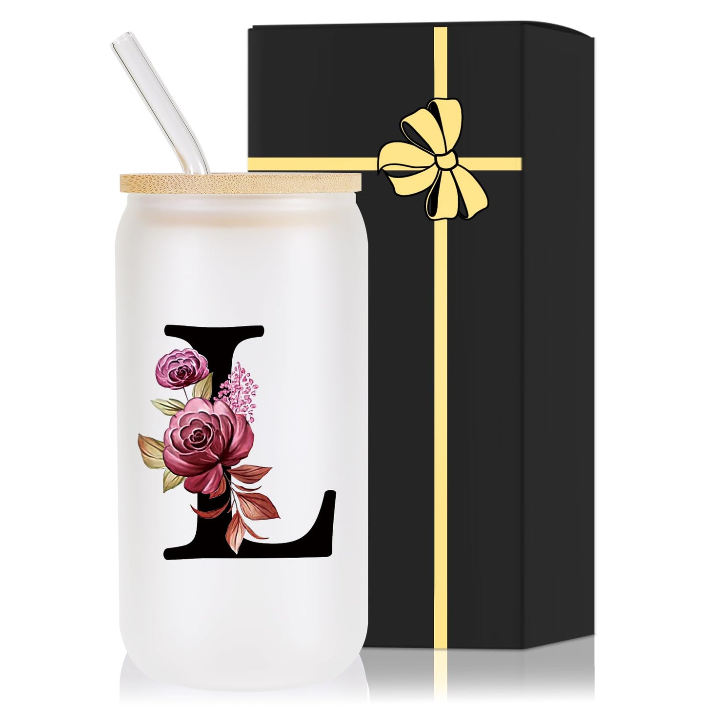 Wulcea Monogrammed Glass Drinking Cup With Lid Straw Women Lady Boss Coworker Colleague Manager Team Member Employee Gifts Executive Assistant Inter Birthday Farewell Leaving Retirement Christmas,L