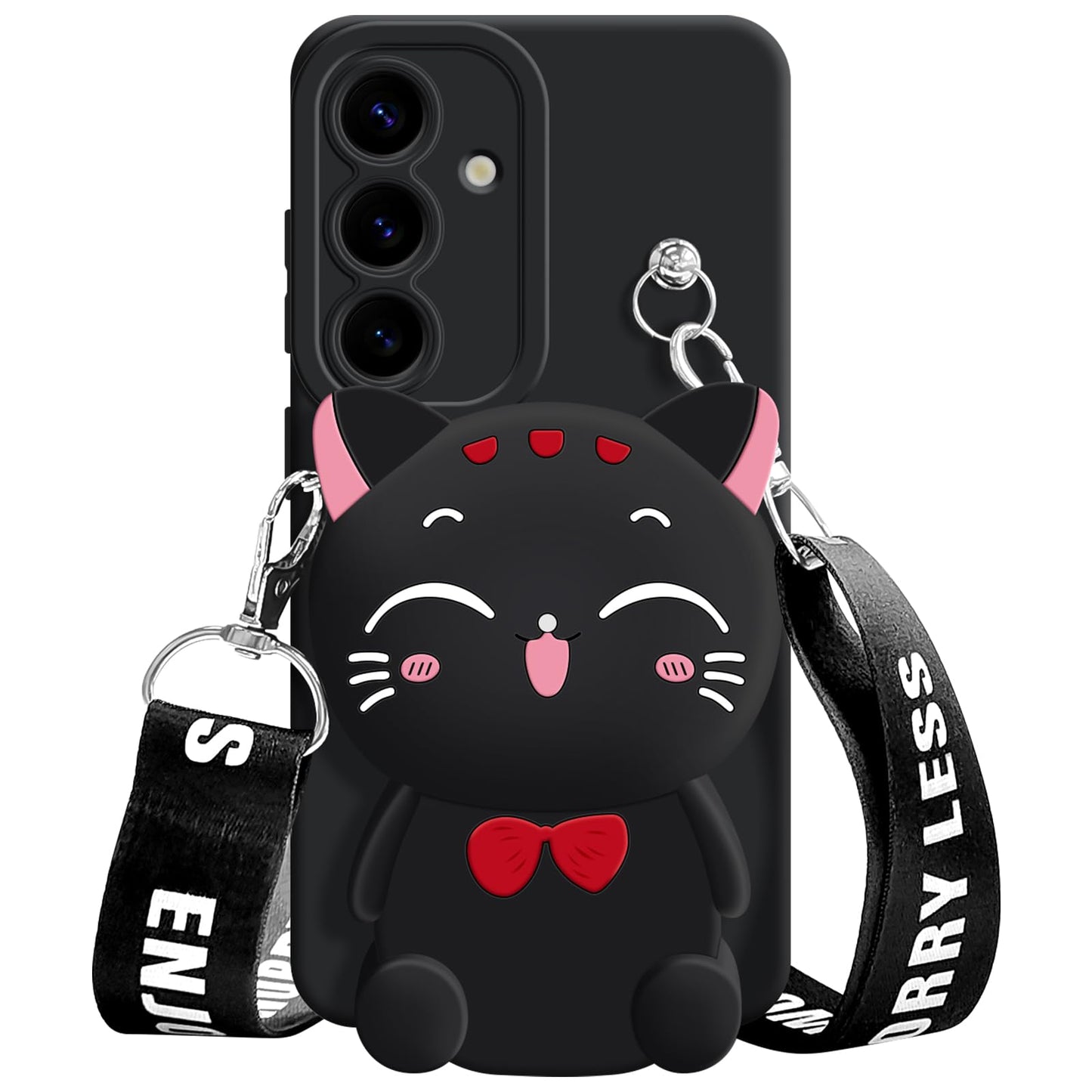 SGVAHY for Samsung Galaxy S25 Plus Case, Cute Black Lucky Cat Coin Purse Fancy Phone Case for Women Girls with Crossbody Strap Kawaii Soft Silicone Cover for Galaxy S25 Plus