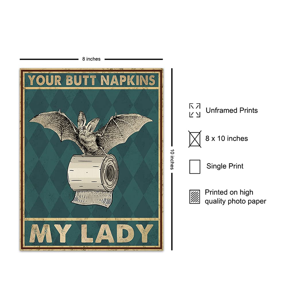 Your Butt Napkins My Lady - Gothic Bathroom Decor for Women - Bat Wall Decor - Funny Guest Bathroom Wall Art - Toilet Paper Art Decorations - Restroom Sign - Bath Picture - Powder Room Artwork