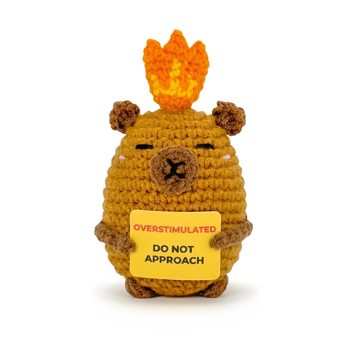 Overstimulated Do Not Approach Desk Sign, Handmade Crochet Capybara Plush with Card, Mini Desk Decor with Wooden Stand, Gift-Ready Organza Bag, Funny Office Cubicle & Home Office Gift