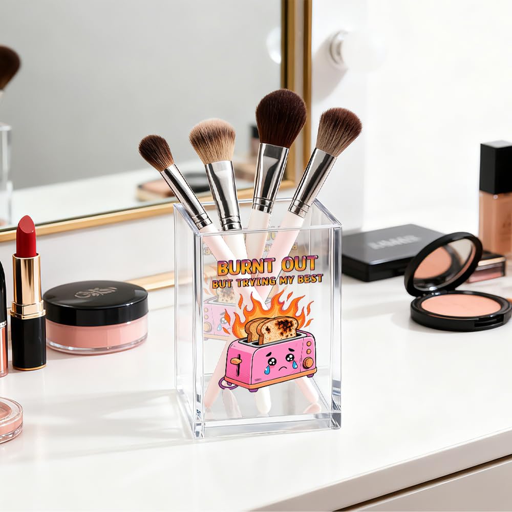 Gkodw Burnt Out But Trying My Best Acrylic Pen Holder Cosmetic Organizer, Funny Dumpster Fire Pen Pencil Holders for Desk, Desk Accessories Office Gifts for Coworker Social Worker Teacher Therapist