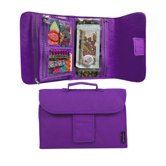 Yazzii Trifold Craft Project Case - Craft Organizer, Travel Tote Bag with Clear Pockets & Handle - Crafts, Crochet, Sewing Accessories - Purple