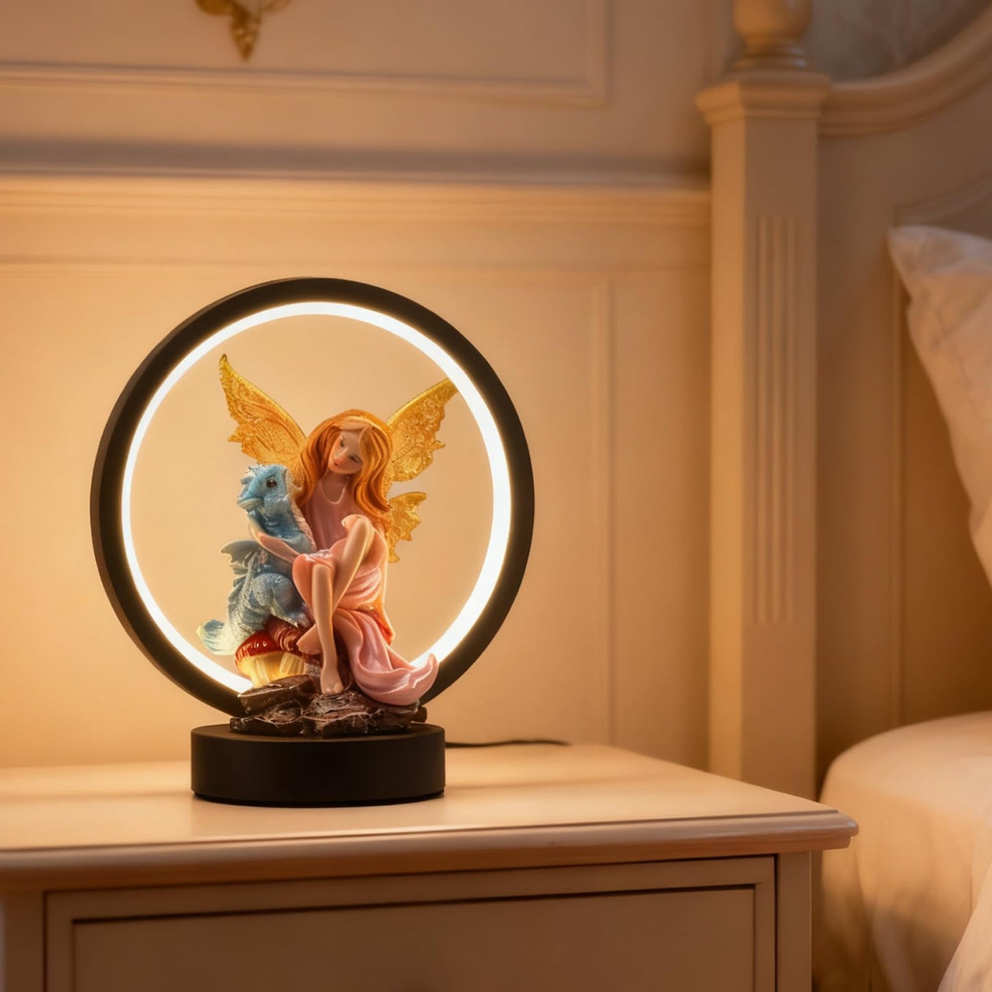 Hmusnwol Fairy Dragon Figurine Lamp - Fairy Collection Pixie Statue with 6.15 inch LED Circle Table Lamp for Gifts,Fantasy/Bedroom/Bookshelf/Desk Decoration