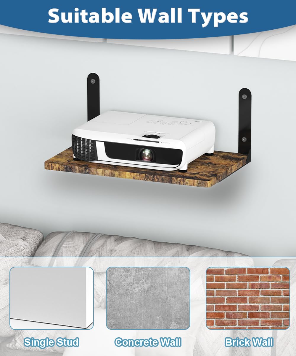 Ardier Wall-Mounted Projector Shelf, Wooden Media Holder Holds Up to 24 lbs, Floating Entertainment Shelves Furniture for Cable Box, WiFi Router, TV Box, Game Console, DVD Player, Black
