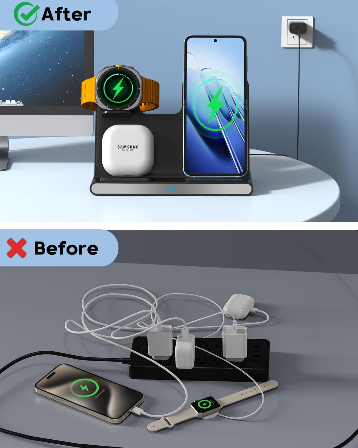 Wireless Charger for Samsung, 3 in 1 Samsung Wireless Charging Station with 20W PD Charger Adapter & 6FT Cable for Galaxy S26/S25/S24/S23 Ultra,Z Fold/Flip,Galaxy Watch 8/7/6/5/5Pro/Buds 3/2/Pro/Live