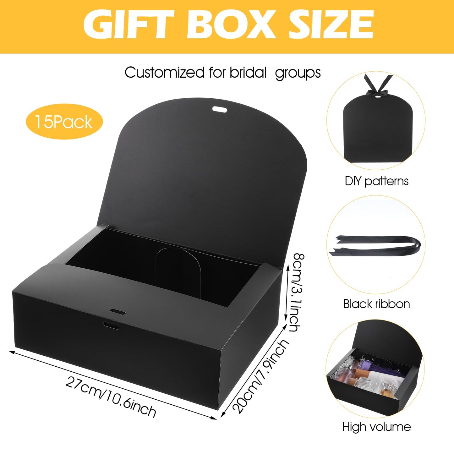 AojSup 15 Pack Gift Boxes with Lids for Presents, Black Present Boxes for Gifts, Paper Box with Ribbon for Wedding Christmas Birthday Baby Shower Party Favors, 10.6 x 7.8 x 3.1 Inches