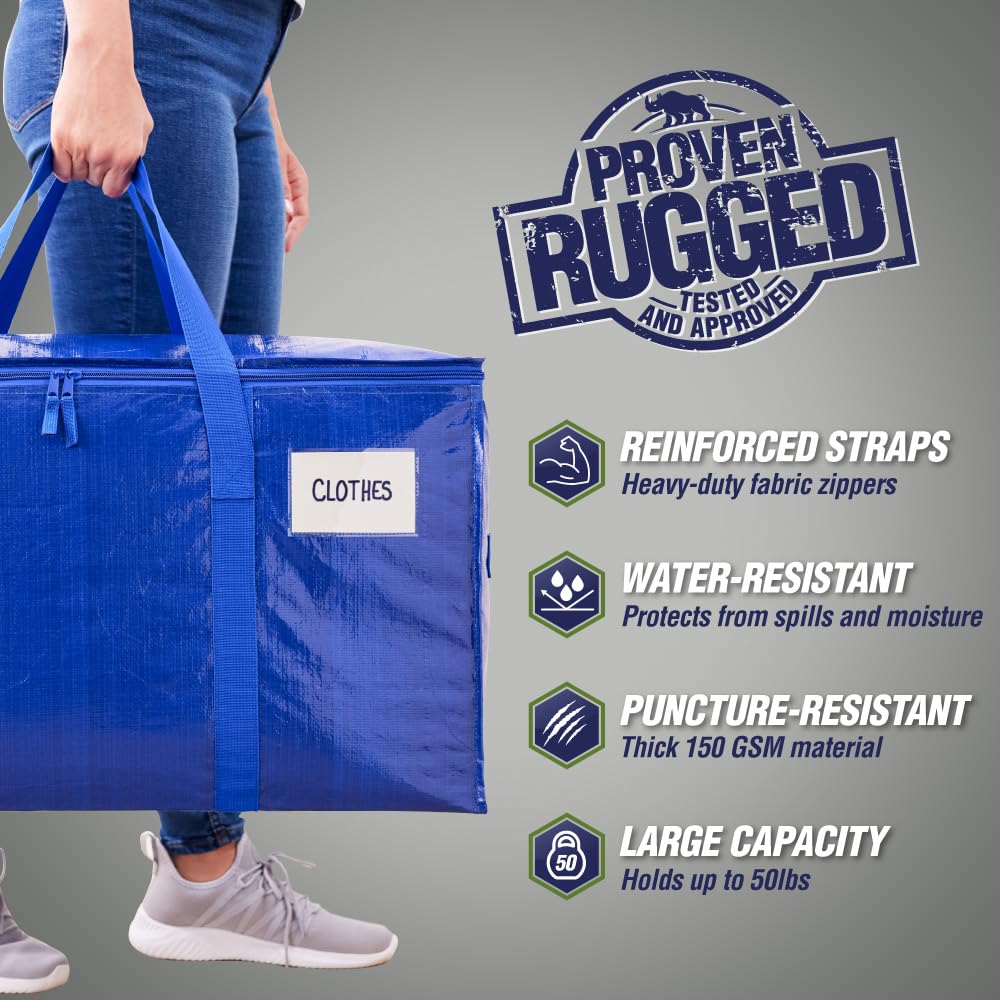 RUGGED RHINO 4 Pack Heavy Duty Extra Large Blue Moving Bags, Durable Bag with Strong Handles and Zipper, Moving Boxes Alternative for College Packing, Holiday Décor, Space Saving Storage with Label