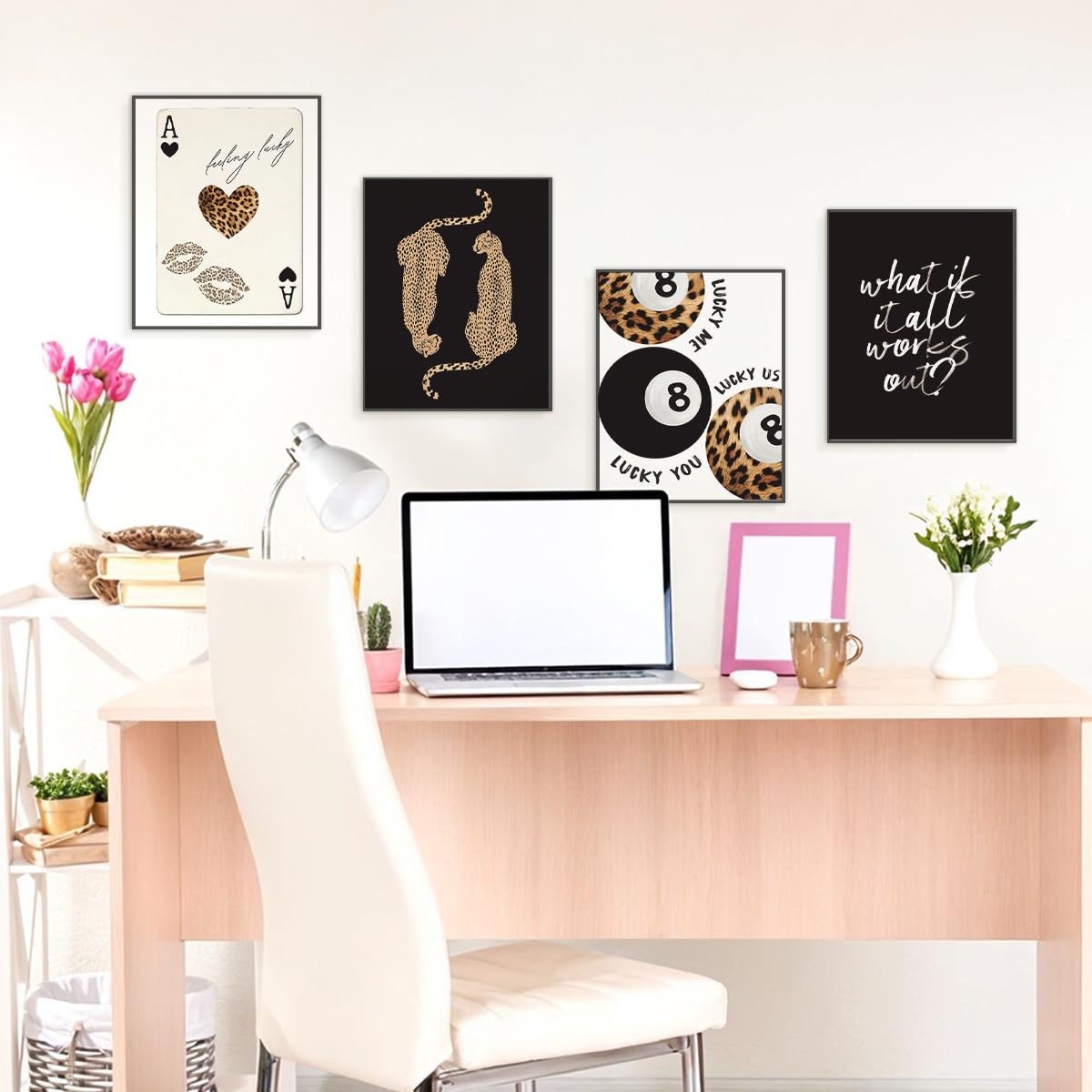 ETVISO Black Trendy Retro Y2K Cheetah Lucky 8 Ball Wall Art Prints Set of 4, Black Room Decor Aesthetic, What If It All Works Out Positive Affirmations Wall Decor for Girls Dorm Bedroom,8x10(Unframed)