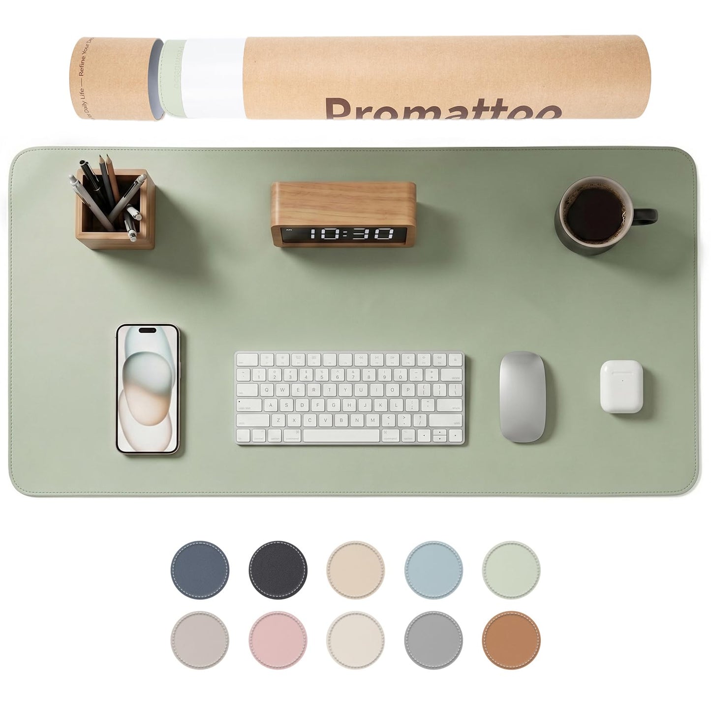 PROMATTOO Large Desk Pad Non-Slip Desk Mat Protector for Keyboard Mouse Waterproof Vegan Leather Surface Faux Leather Laptop Mat Smooth Mouse Pad Premium Gift Tube Matcha Green 31.5" x 15.7"