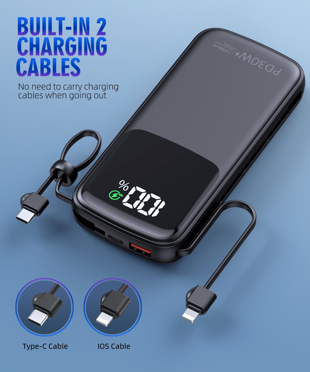UYAYOHU Portable Charger, Power Bank, 15000mAh Battery Pack Fast Charging Lightweight, Built-in AC Wall Plug and 2 Output Cables with LED Display for iPhone15 14 13 12 11 Samsung iPad etc(Deep Black)