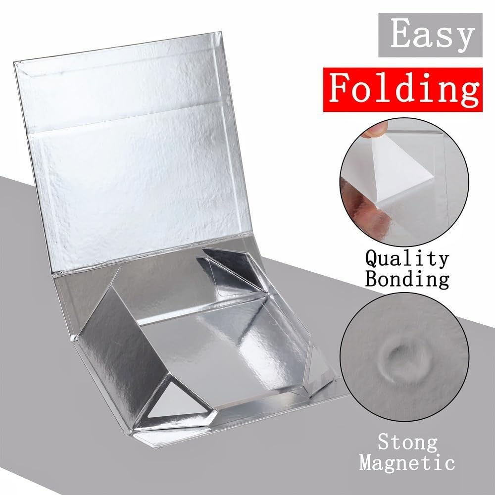 UoeRing 1 Pcs Silver Gift Box Large 13.5x11.8x4.7 inch Luxury Gift Box for Presents with Magnetic Closure Lid Collapsible,Birthday,Contains Card, Ribbon, Tissue Paper,Shredded Paper Filler