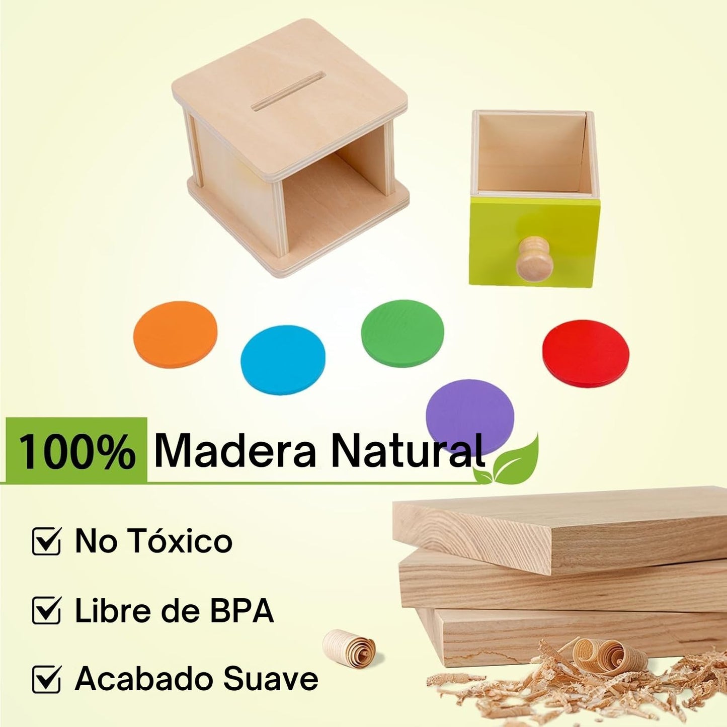 Adena Montessori Coin Box,Object Permanence Box for 1 Year Old Baby Coins,Wooden Ball Drop Developmental Toys for 6-12 Month Infant Toddler,Learning Kids Gifts(Yellow-Green Door)