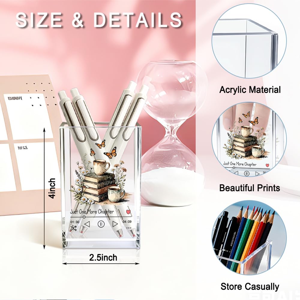 MGLZXLU Just One More Chapter Acrylic Pencil Pen Holder Cup, Reading Book Club Makeup Brush Storage Organizer, Cute Bookish Desk Accessories Holder Gifts for Daughter Librarian Teacher Holders (C)