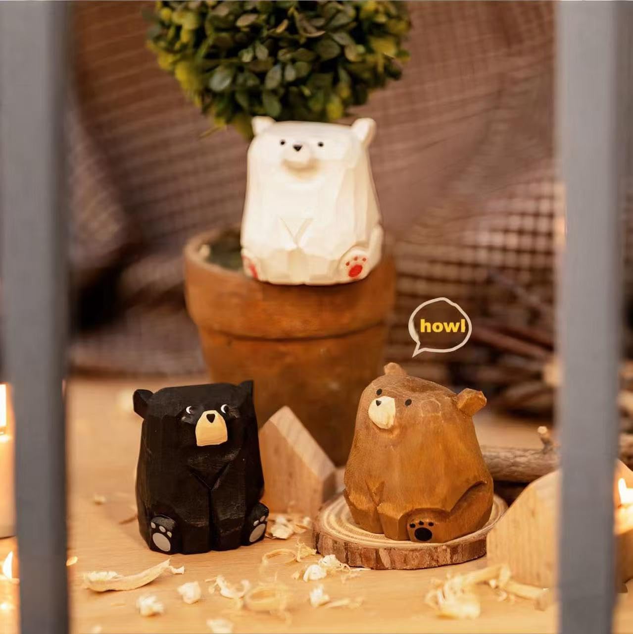ShaoAngDuoMi Small Sitting Wooden Bear Figurines, 3-Pack – Hand-Carved Brown, Polar & Black Bears, 1.4" Cute Desk & Monitor Top Decor, Gift for Animal Lovers