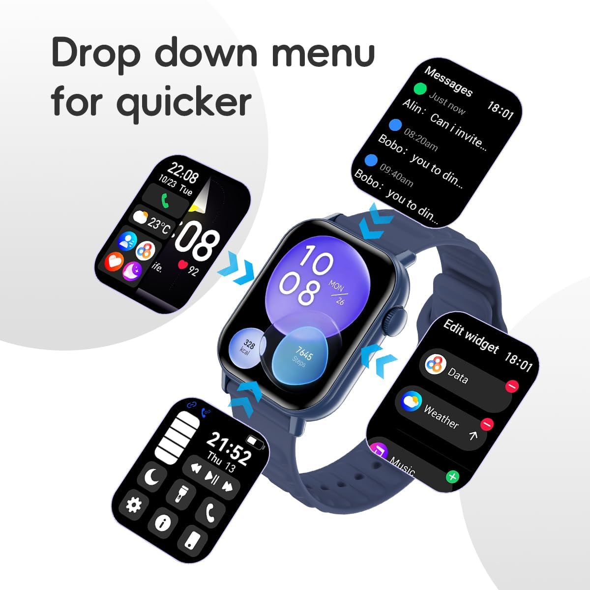 QTLLBT Smart Watch Sports Pedometer, Fitness Tracker Bluetooth Call Heart Rate Blood Oxygen Sleep Monitor,100 Sports Modes Waterproof for iOS Android Men's Women's Smart Watch (Blue)
