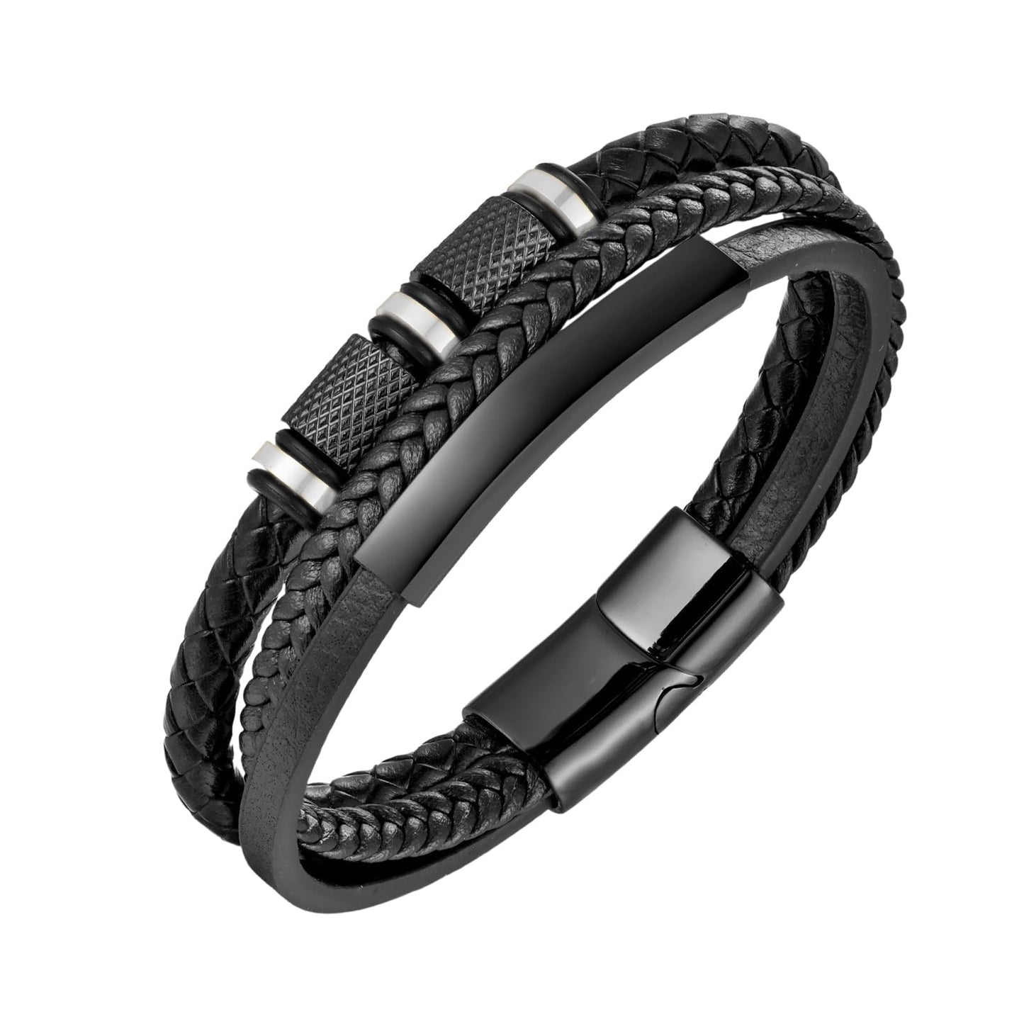 Mens Leather Bracelet, Leather Bracelet For Men, Multi-Layer Braided Leather Mens Bracelet with Stainless Steel Clasp, Perfect or Dad, Husband, Son, Grandson, Nephew, Comes With Gifts Box(Black)