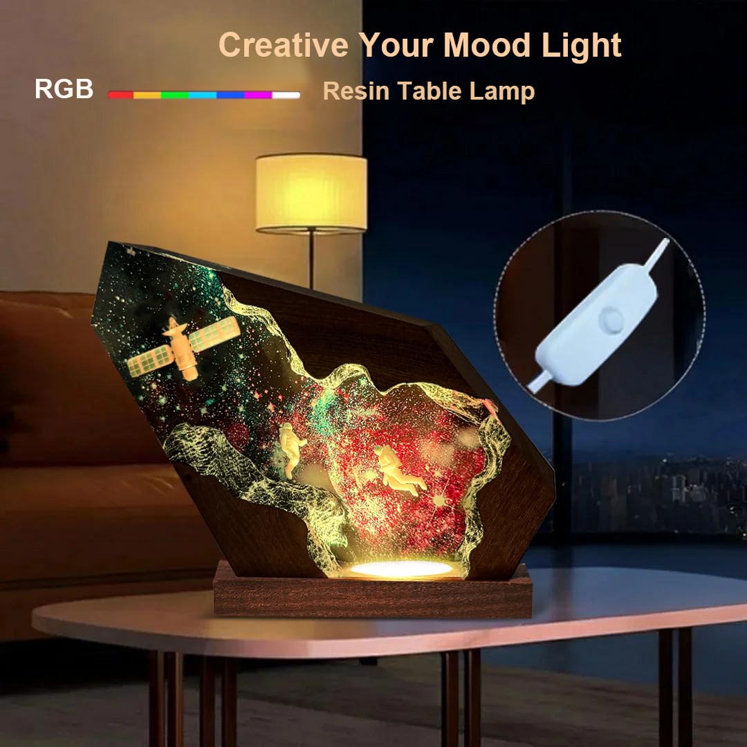 Handcrafted Astronaut Resin Lamp, RGB Galaxy Light With Wood Base USB Charging, Space Themed Bedroom Decor, Astronomy Gift for Sci-fi Lovers, Birthday Valentine's Day Gifts for Women & Men (S,6"x4")