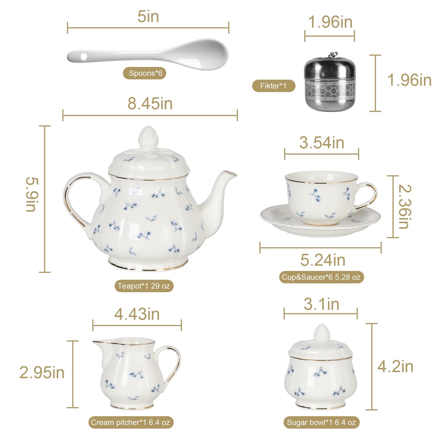 Sweejar 23 Pcs Floral Tea Sets with Metal Holder, Relief Gold Rim Porcelain Tea Sets for Adults, Cup and Saucer Set for 6, with Teapot, Sugar Bowl, Milk Jug, Spoons (Blue Flower)