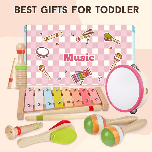 Baby Musical Instruments for Girls-Montessori Wooden Toys for Toddlers 1-3,Percussion Instruments Set with Xylophone Preschool Educational 3+ Christmas Birthday Gift for 1 2 3 Year Girl (Pink)