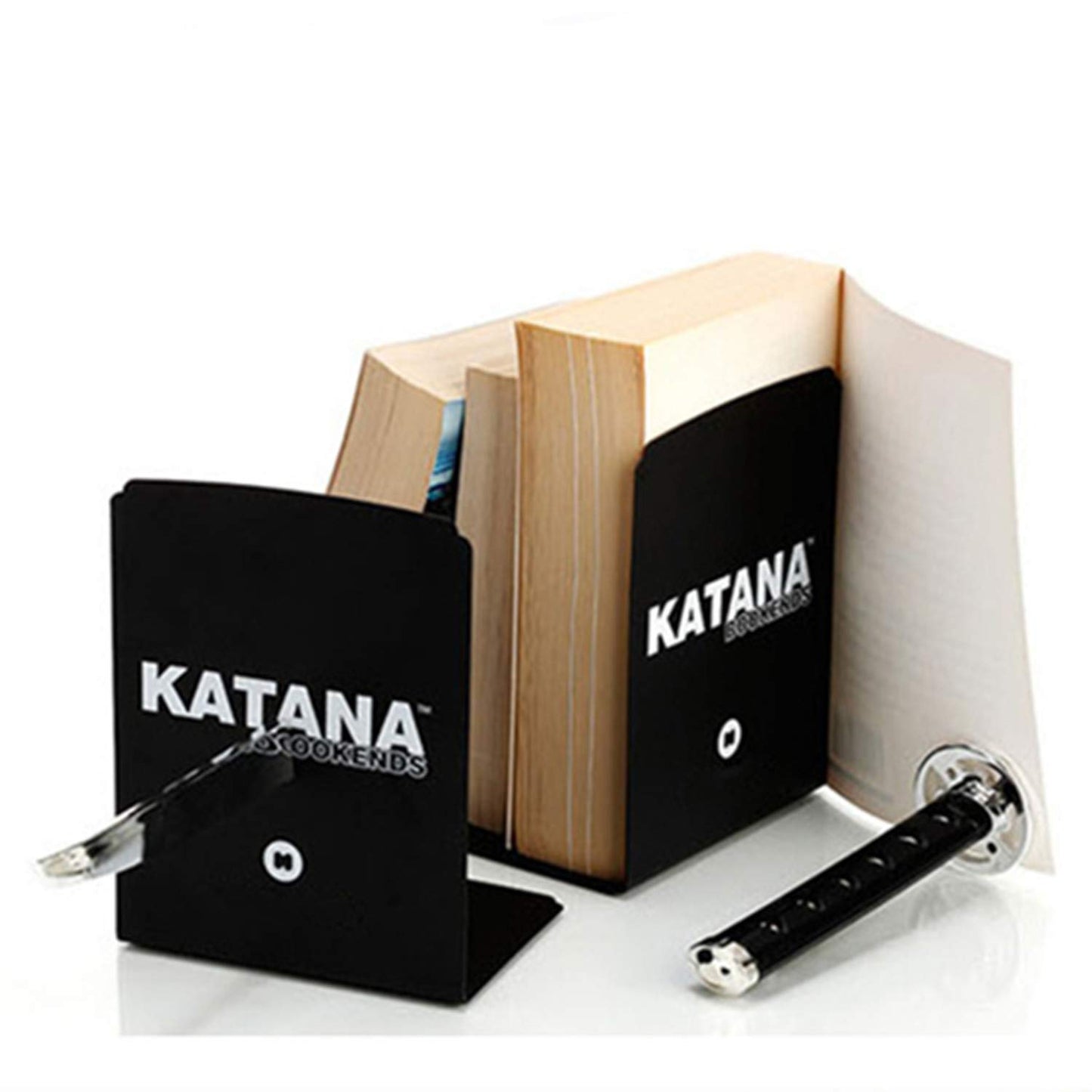 ZWCIBN Book Ends Decorative, Modern Metal Funny Unique Black DVD Bookends for Shelves, Katana Book Stopper Holder for Office Home, Desk Gifts Book Stands for Men and Book Lovers