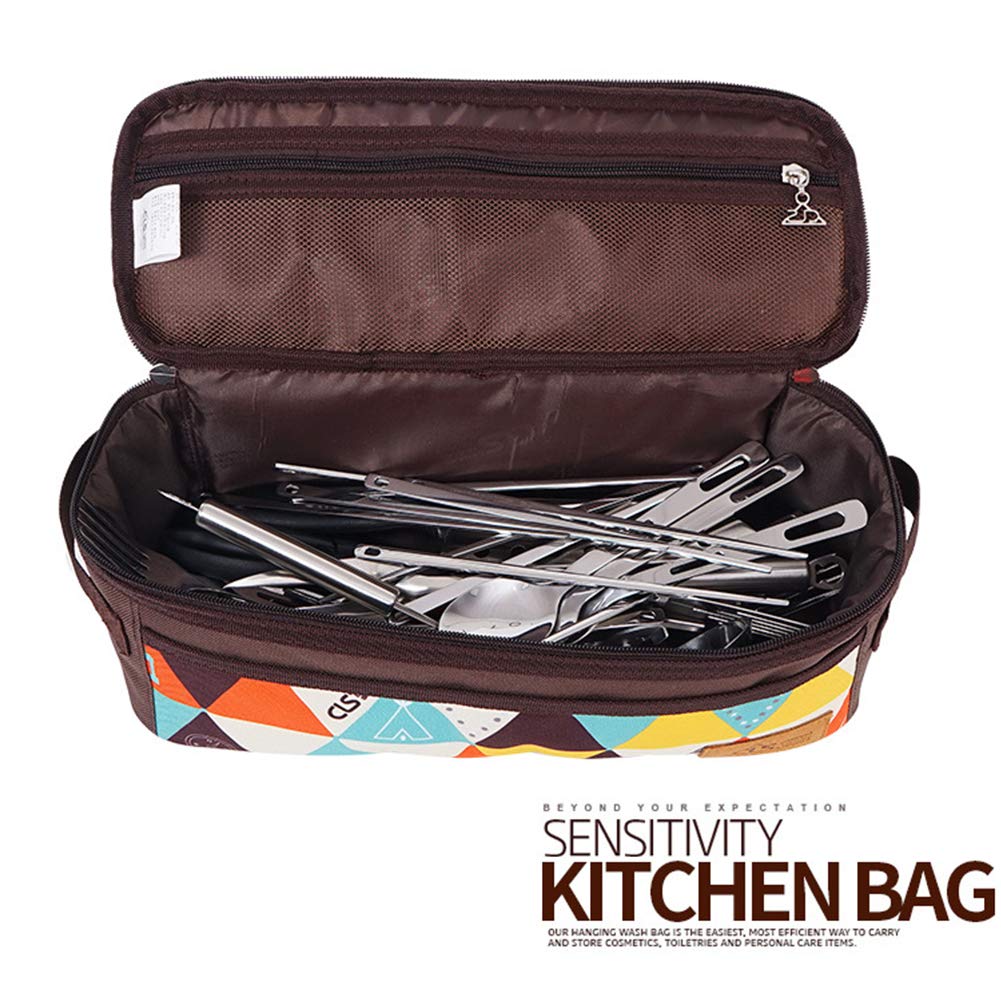 Camping Travel Cooking Utensils Organizer Travel Bag with Net Pockets, Portable Pouch for BBQ Camp Cookware Kitchen Kit,13x5.1x4.9inch (Oxford Cloth, Nylon, Metal)