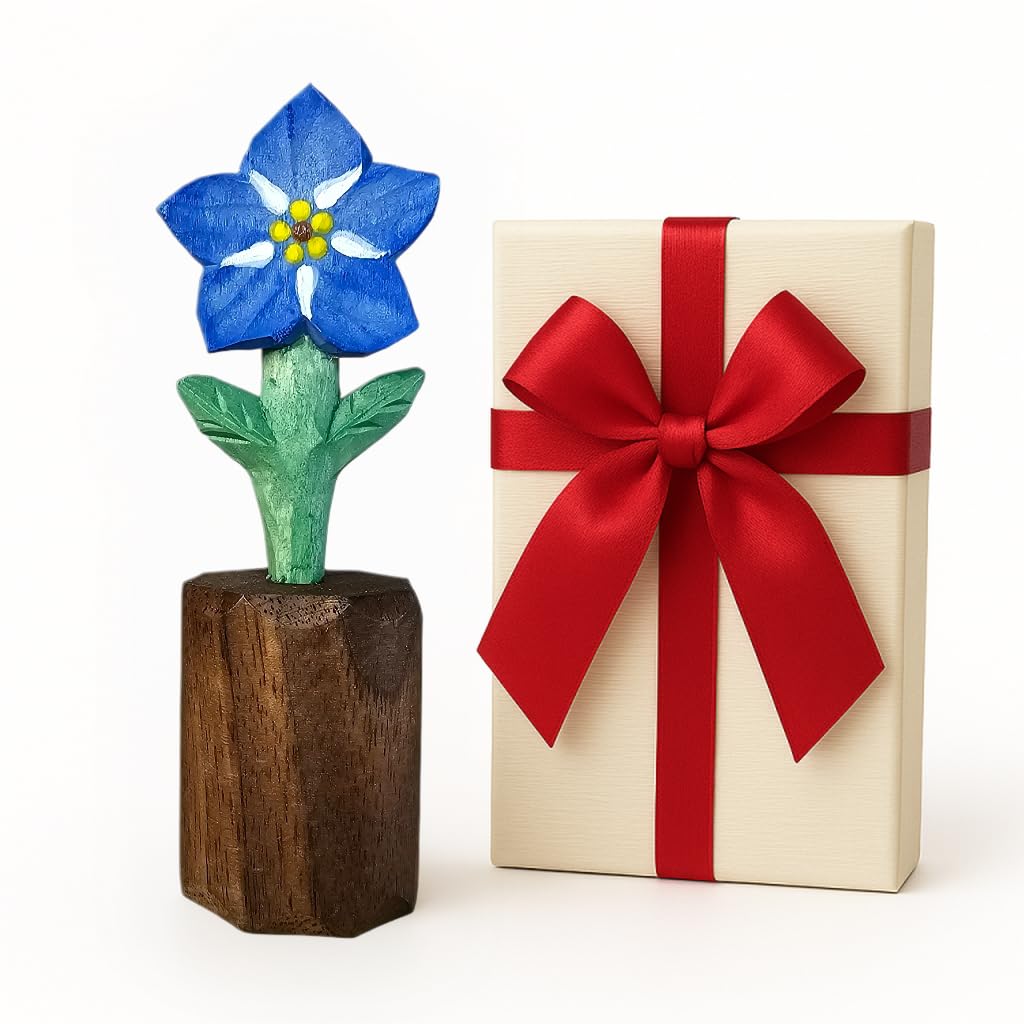 Artisan Wooden Blue Flower Figurine – Handcrafted Decorative Keepsake, Unique Gift for Her, Anniversary, Birthday, or Friendship, Natural Wood Sculpture with Gift Box Included