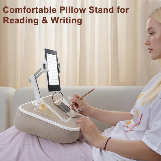 WISFISSH Tablet Pillow Stand with Snack Bowl and Writing Board, 360° Rotating Phone Holder for 4.7-13" Phone Kindle Tablet, Pillow Kindle Holder for Reading in Bed, Couch,Recliner,Floor Etc-Beige