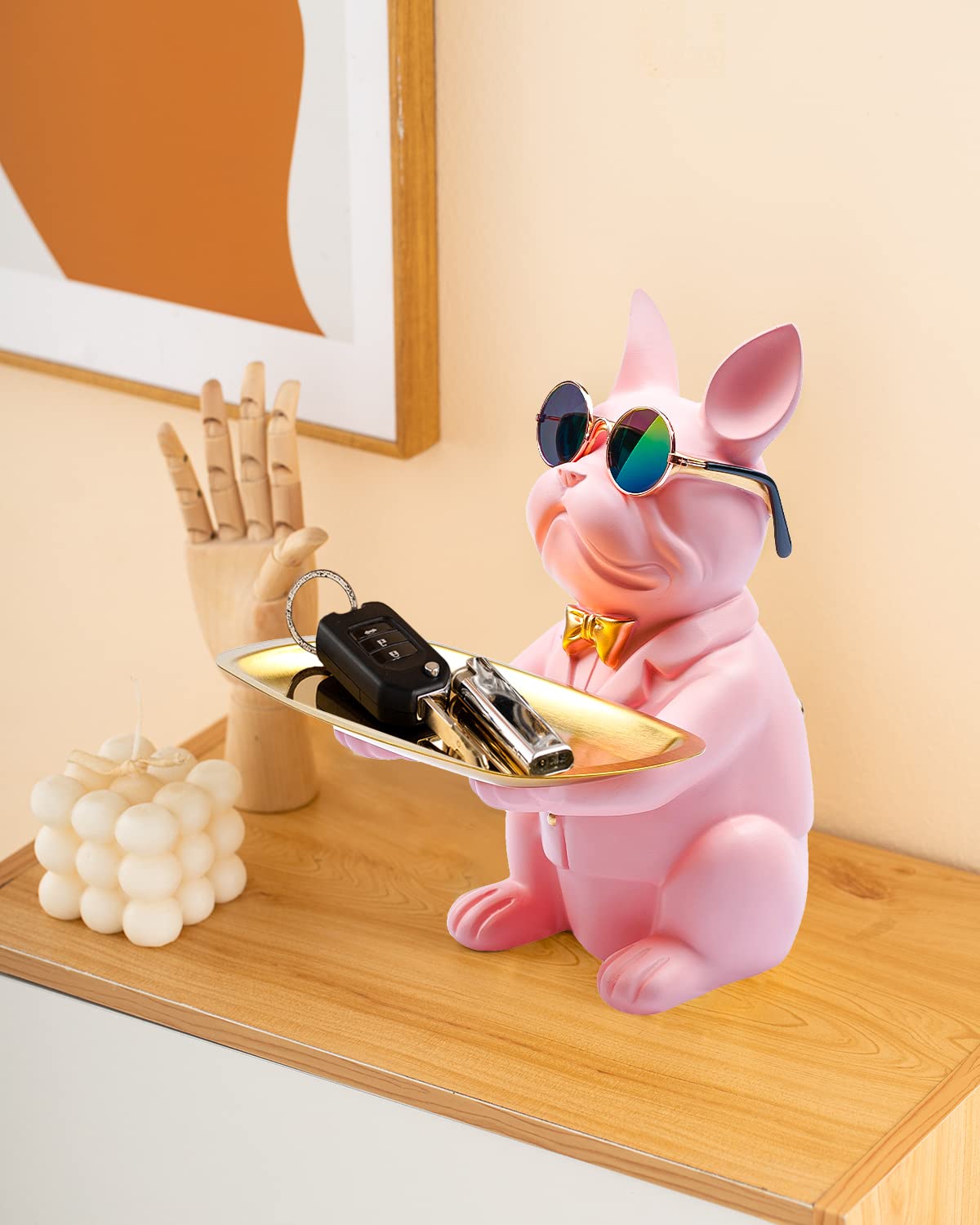 bwytbwy French Bulldog Statue,Resin Bulldog Key Tray for Entryway Decor, Key Holder Organizer for Entryway Table, French Bulldog Gifts Pink