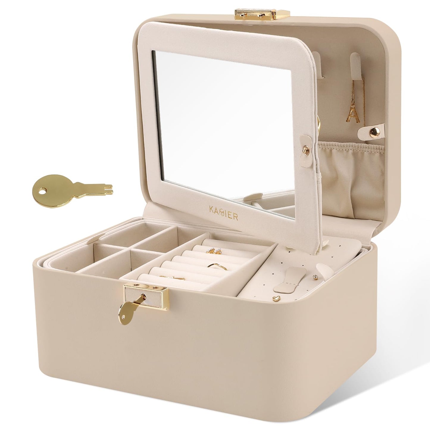 Upgraded Jewelry Box, 2 Layers PU Leather Jewelry Organizer for Women with Lock and Mirror, Hidden Necklace Hook and Removable Divider Large Capacity Travel Jewelry Box Ideal for Gift-With Gift Box