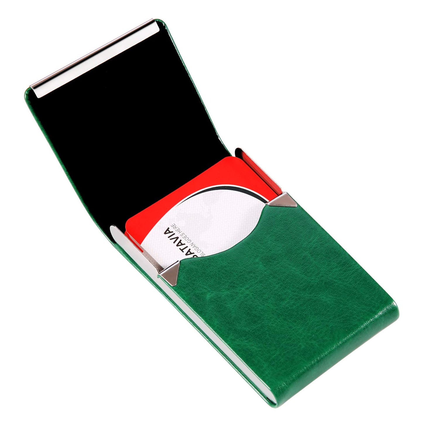 JuneLsy Business Card Holder Case - Professional PU Leather Metal Name Card Holder Pocket Business Card Carrier for Men & Women with Magnetic Shut (S-Dark green)