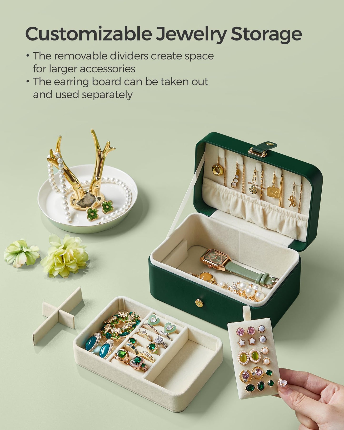 SONGMICS Jewelry Organizer Box, Travel Jewelry Case, 2-Layer Travel Case for Earrings, Necklaces, Bracelets - Portable Jewelry Storage with Large Capacity, Gift Idea, Forest Green UJBC166C01