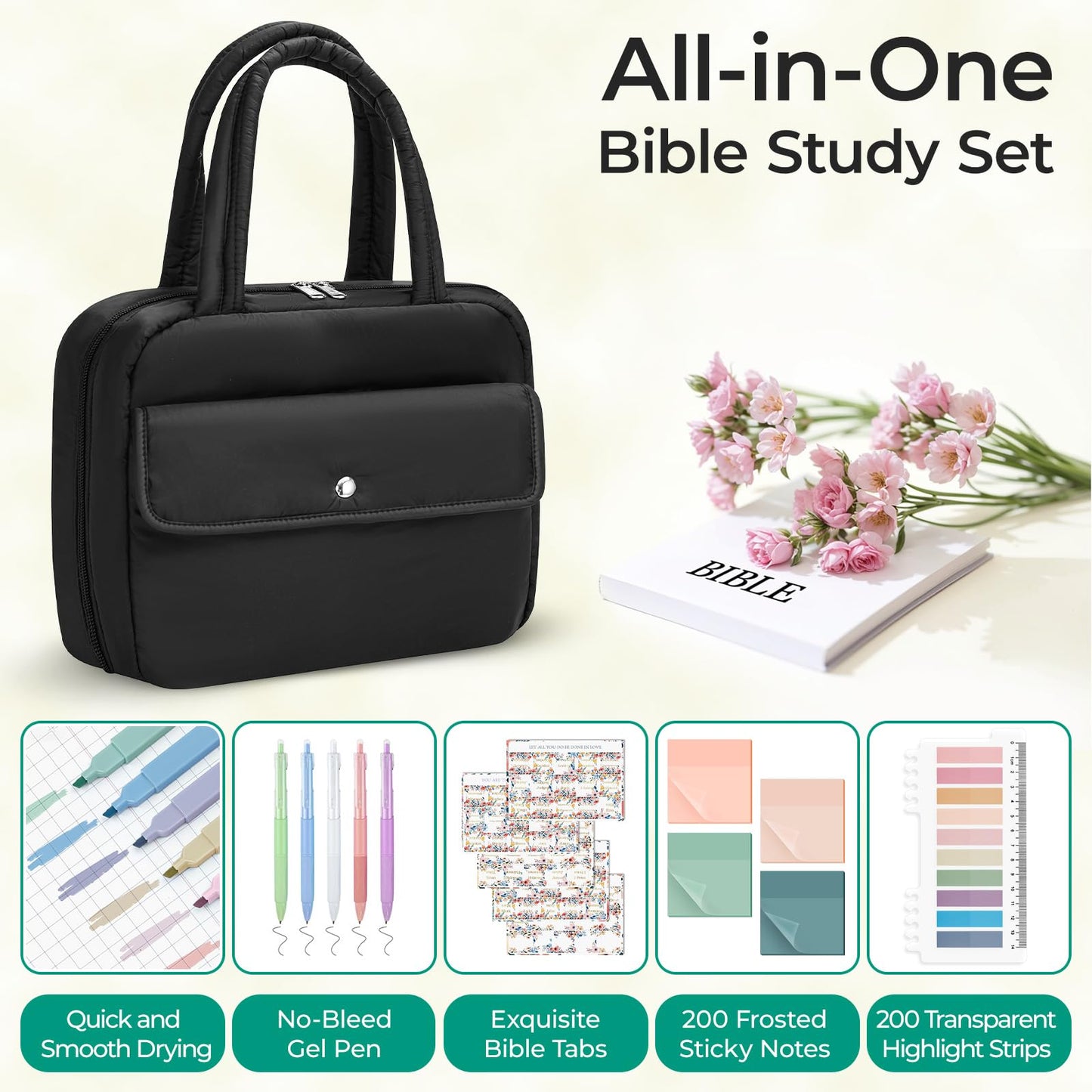 WOBAGMEN Puffy Bible Cover Case for Women with Study Supplies,Soft Bible Bag with Highlighters for Girls, Bible Journaling Kit Christmas Christian Gift for Women (Black, M)