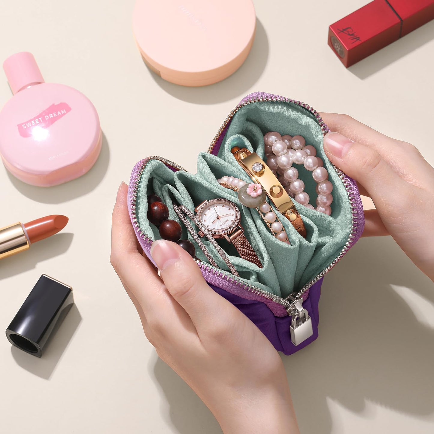 Lumayina Small Travel Jewelry Case Set 2-in-1 Detachable Velvet Pouches, Portable Jewelry Organizer Bag for Rings Earrings Bracelets, Gift Box for Women (Lavender Purple)